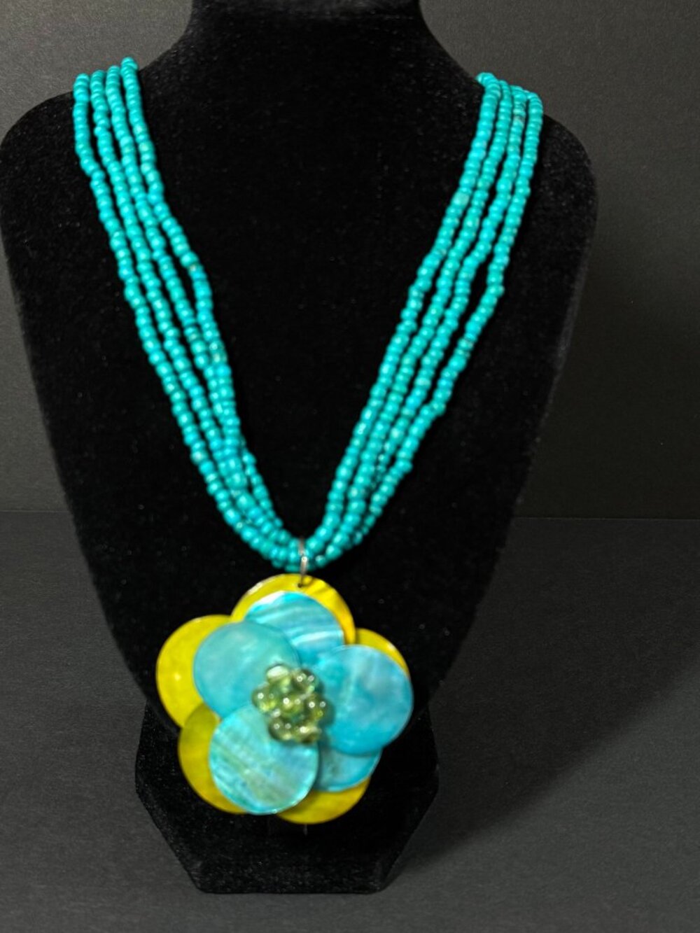 Beaded Flower Pendant Statement Necklace 20In Multi Strand Turq Yellow-Green
